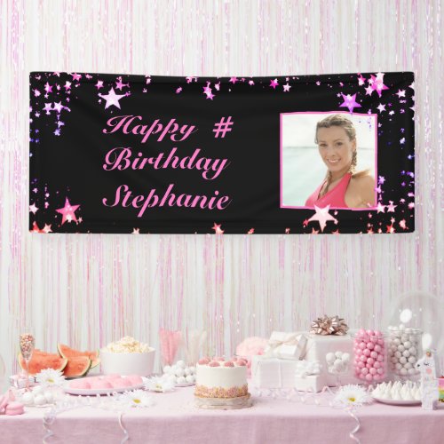 Birthday Black Pink Stars Photo Personalized Banner