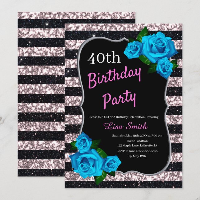 Birthday Black Pink Stripes Glitter Blue Roses Invitation (Front/Back)