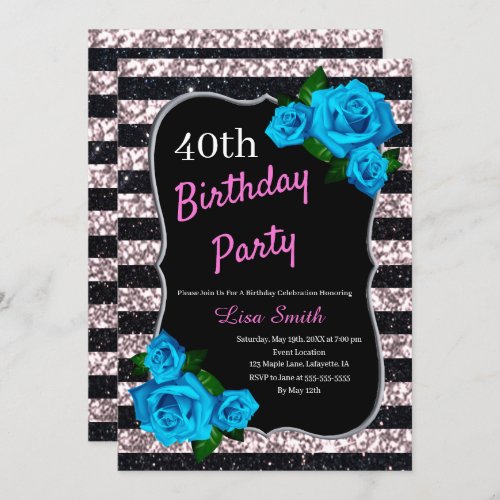 Birthday Black Pink Stripes Glitter Blue Roses Invitation