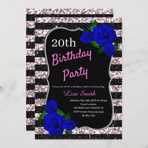 Birthday Black Pink Stripes Glitter Deep Blue Rose Invitation