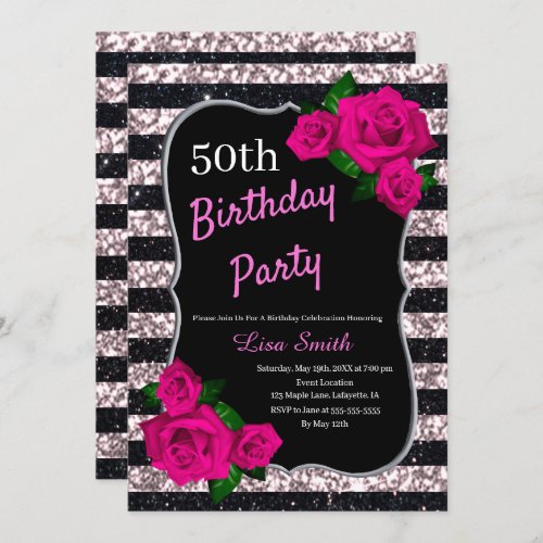 Birthday Black Pink Stripes Glitter Pink Roses Invitation