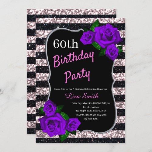 Birthday Black Pink Stripes Glitter Purple Roses Invitation