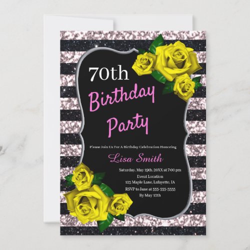 Birthday Black Pink Stripes Glitter Yellow Roses Invitation