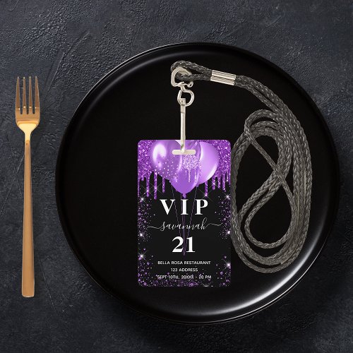 Birthday black purple balloon vip invitation badge