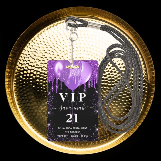 Birthday black purple balloon vip invitation badge (Creator Uploaded)