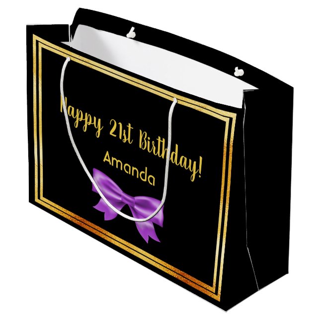 Birthday black purple bow name large gift bag (Back Angled)