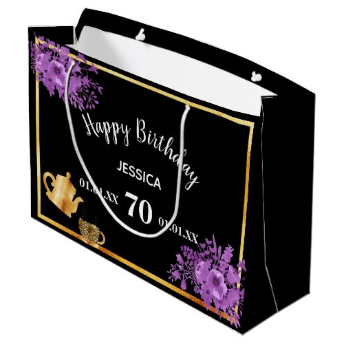 Birthday black purple floral tea party large gift bag