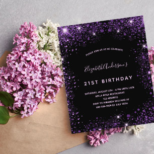 Birthday black purple glitter budget invitation flyer