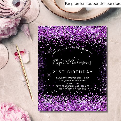 Birthday black purple glitter budget invitation flyer