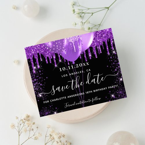 Birthday black purple glitter budget save the date flyer