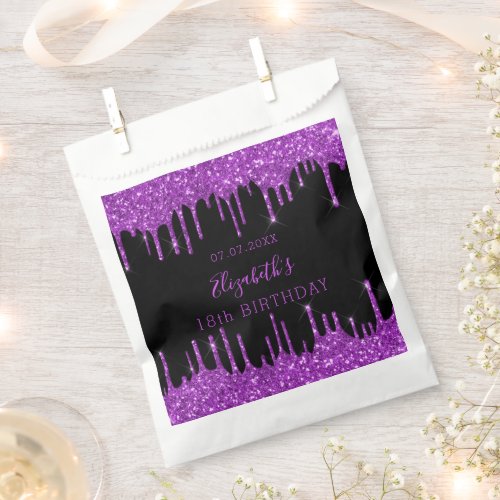 Birthday black purple glitter drips monogram favor bag