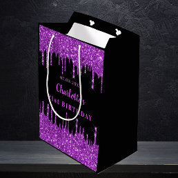 Birthday black purple glitter drips monogram medium gift bag