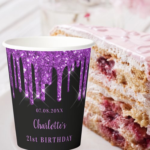 Birthday black purple glitter drips monogram paper cups