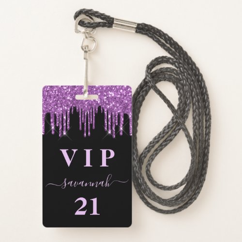 Birthday black purple glitter drips monogram vip badge