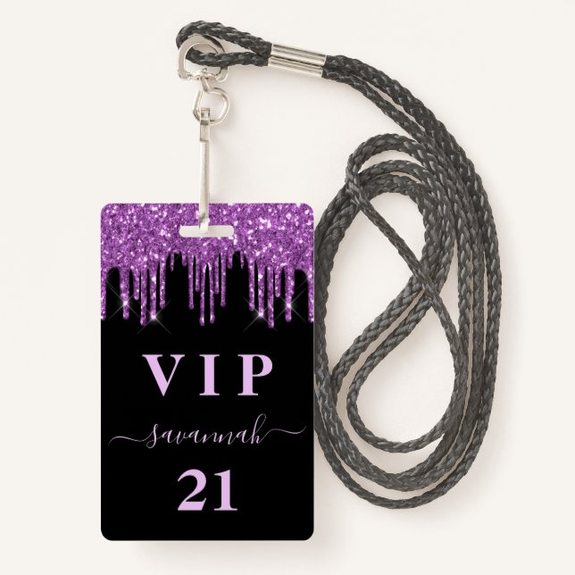 Birthday black purple glitter drips monogram vip badge (Front with Lanyard)