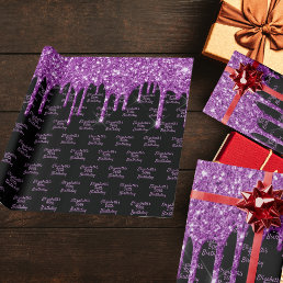 Birthday black purple glitter drips name glam wrapping paper