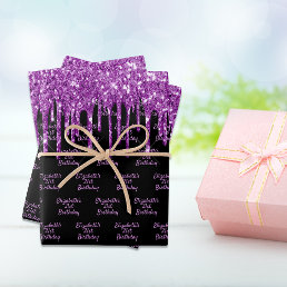 Birthday black purple glitter drips name glam wrapping paper sheets