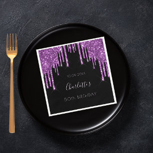 Birthday black purple glitter drips name napkins