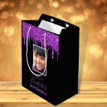 Birthday black purple glitter drips photo medium gift bag<br><div class="desc">A gift bag for a girly and glamorous 16th (or any age) birthday. A black background with purple and pink faux gold glitter drips, paint dripping look. The text: The name is written with a modern purple hand lettered style script. Tempate for a date and age 16. Personalize and add...</div>
