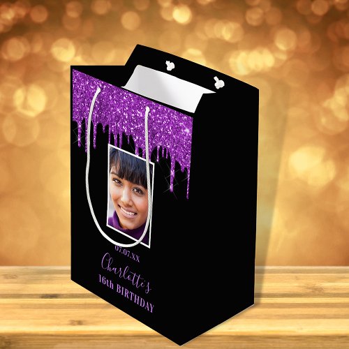Birthday black purple glitter drips photo medium gift bag