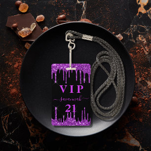 Birthday black purple glitter drips vip invitation badge