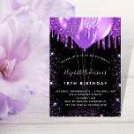 Birthday black purple glitter dust balloons  invitation<br><div class="desc">For an elegant 18th (or any age) birthday.  A stylish black background. Decorated with purple faux glitter and balloons.  Personalize and add a name,  age and party details. The name is written with a hand lettered style script</div>
