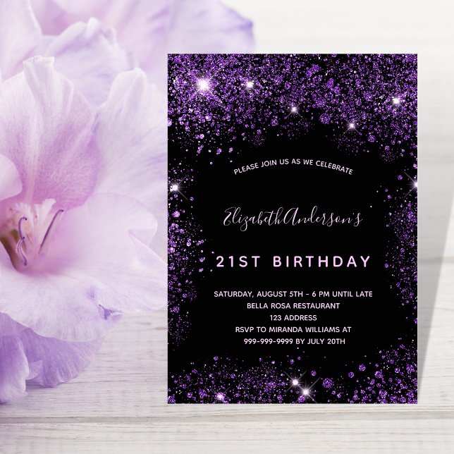 Birthday black purple glitter dust glamorous invitation