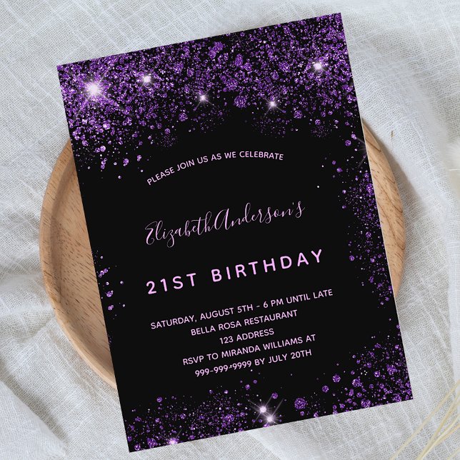 Birthday black purple glitter dust glamorous invitation postcard (Creator Uploaded)
