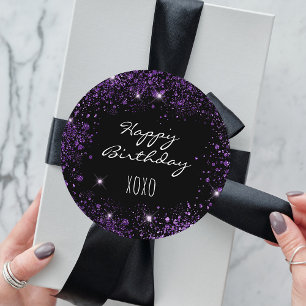 Birthday black purple glitter dust hugs kisses classic round sticker