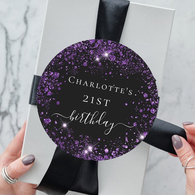 Birthday black purple glitter dust monogram name classic round sticker (Creator Uploaded)