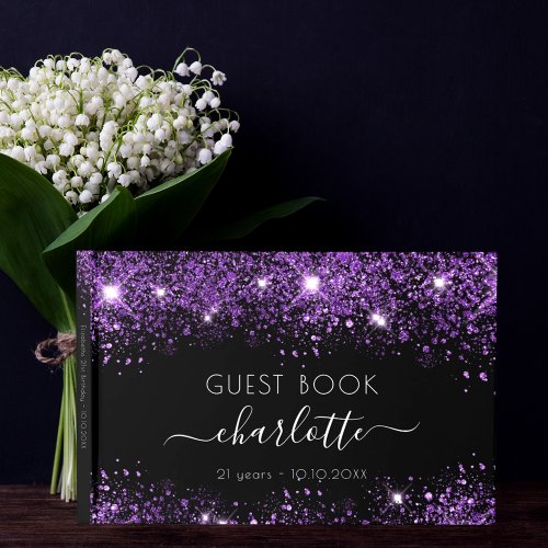 Birthday black purple glitter dust monogram name guest book