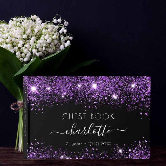 Birthday black purple glitter dust monogram name guest book (Creator Uploaded)