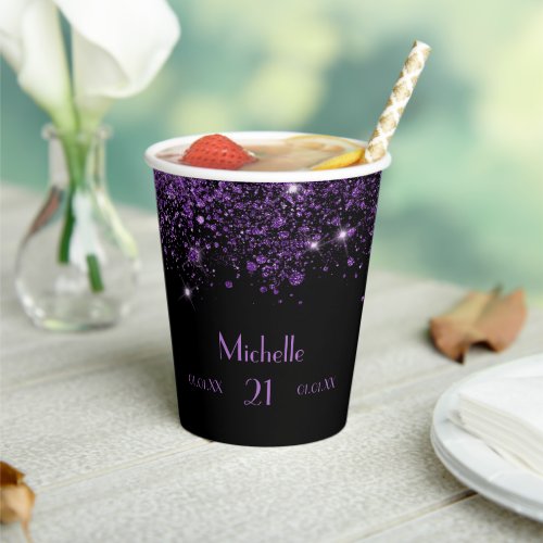 Birthday black purple glitter dust monogram paper cups