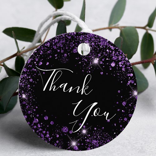 Birthday black purple glitter dust thank you favor tags
