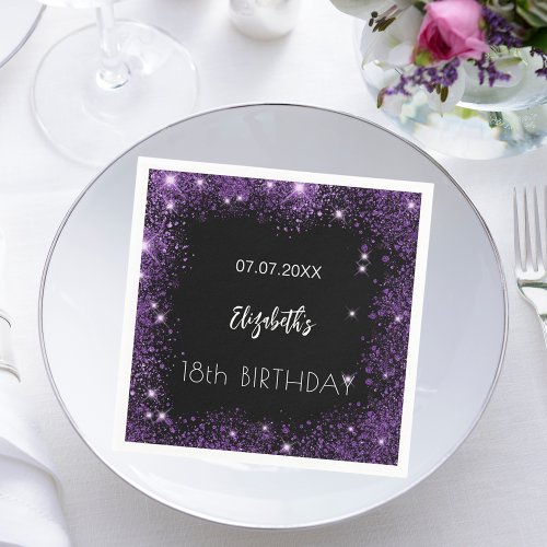 Birthday black purple glitter girl name napkins