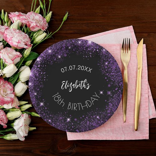 Birthday black purple glitter girl name paper plates
