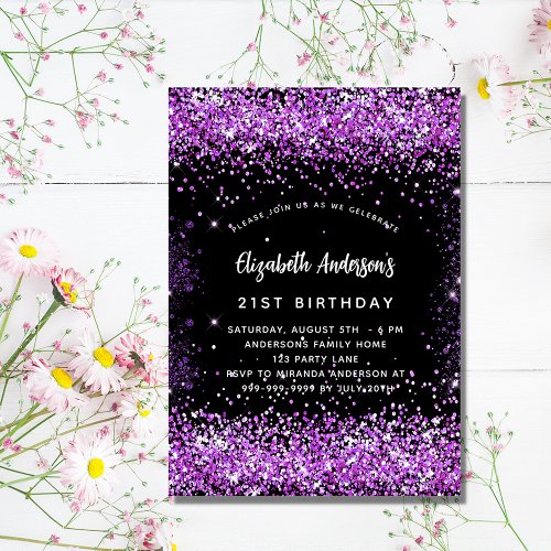 Birthday black purple glitter glamorous invitation