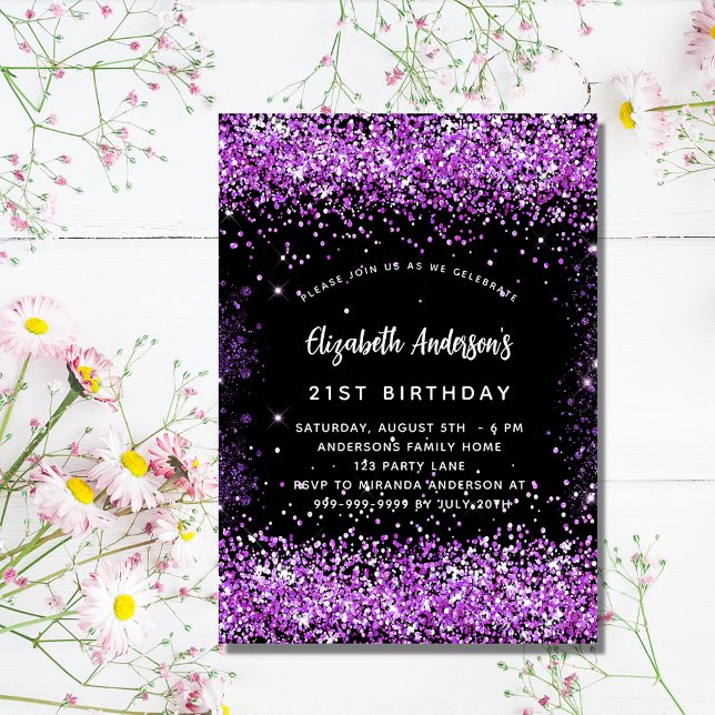 Birthday black purple glitter glamorous invitation postcard (Creator Uploaded)