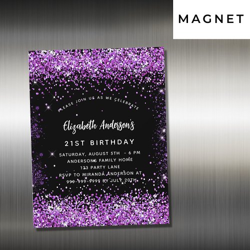 Birthday black purple glitter glamorous magnetic invitation