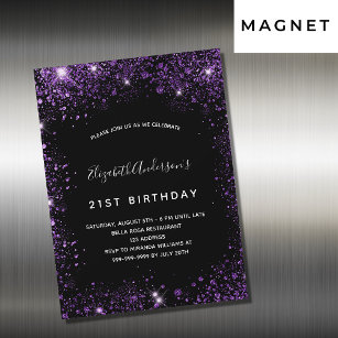 Birthday black purple glitter invitation magnet