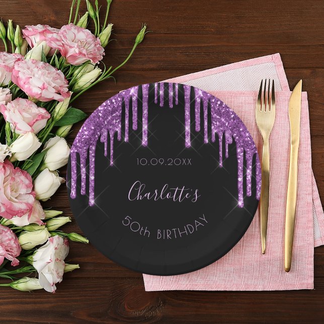 Birthday black purple glitter monogram luxurious paper plates (Creator Uploaded)
