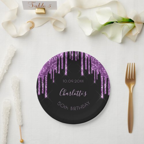 Birthday black purple glitter monogram luxurious paper plates