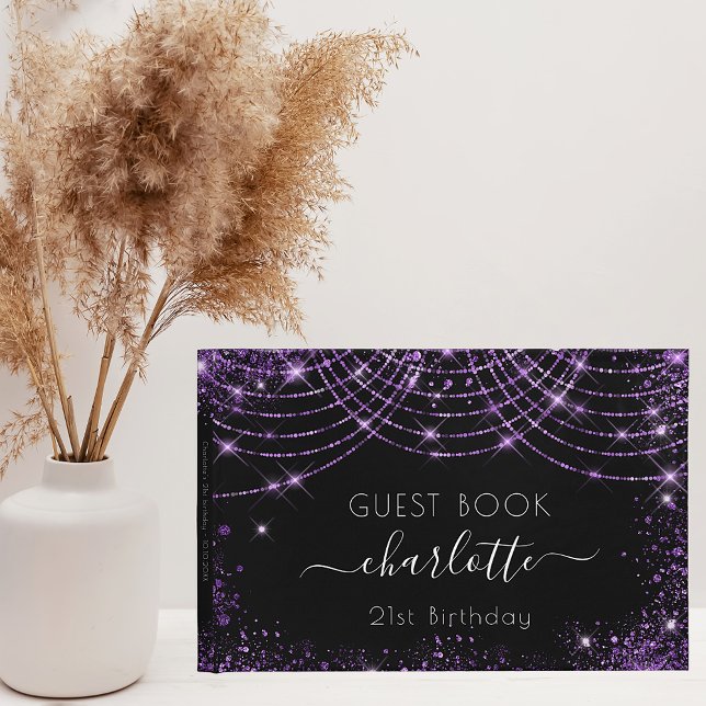 Birthday black purple glitter name guest book (Creator Uploaded)