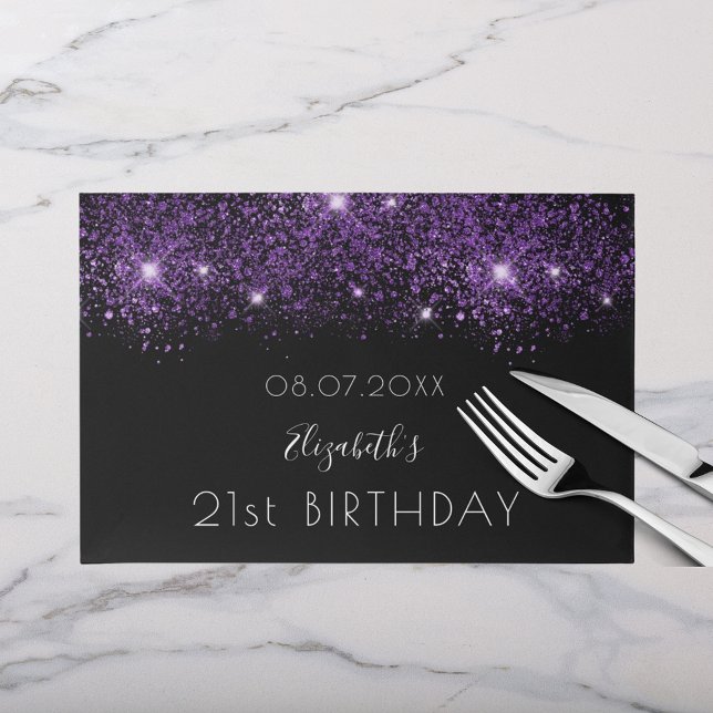 Birthday black purple glitter name paper placemat (Creator Uploaded)