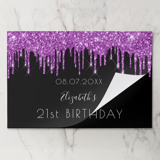 Birthday black purple glitter name paper placemat (Folded)