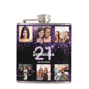Birthday black purple glitter name photo collage flask