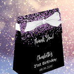 Birthday black purple glitter name thank you favor boxes<br><div class="desc">An elegant and glamorous birthday,  any age.  A black background with purple faux glitter,  sparkles. With the text: Thank You!  Personalize and add your name age and a date. White letters.   The name is written with a trendy hand lettered style script.</div>
