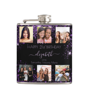 Birthday black purple glitter photo collage friend flask