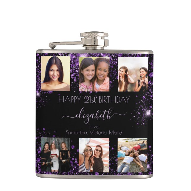 Birthday black purple glitter photo collage friend flask (Front)
