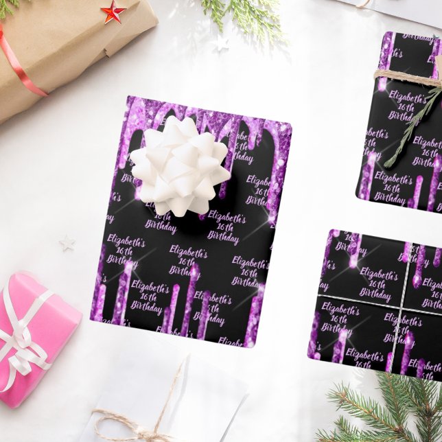 Birthday black purple glitter pink drips monogram  wrapping paper sheets (Creator Uploaded)